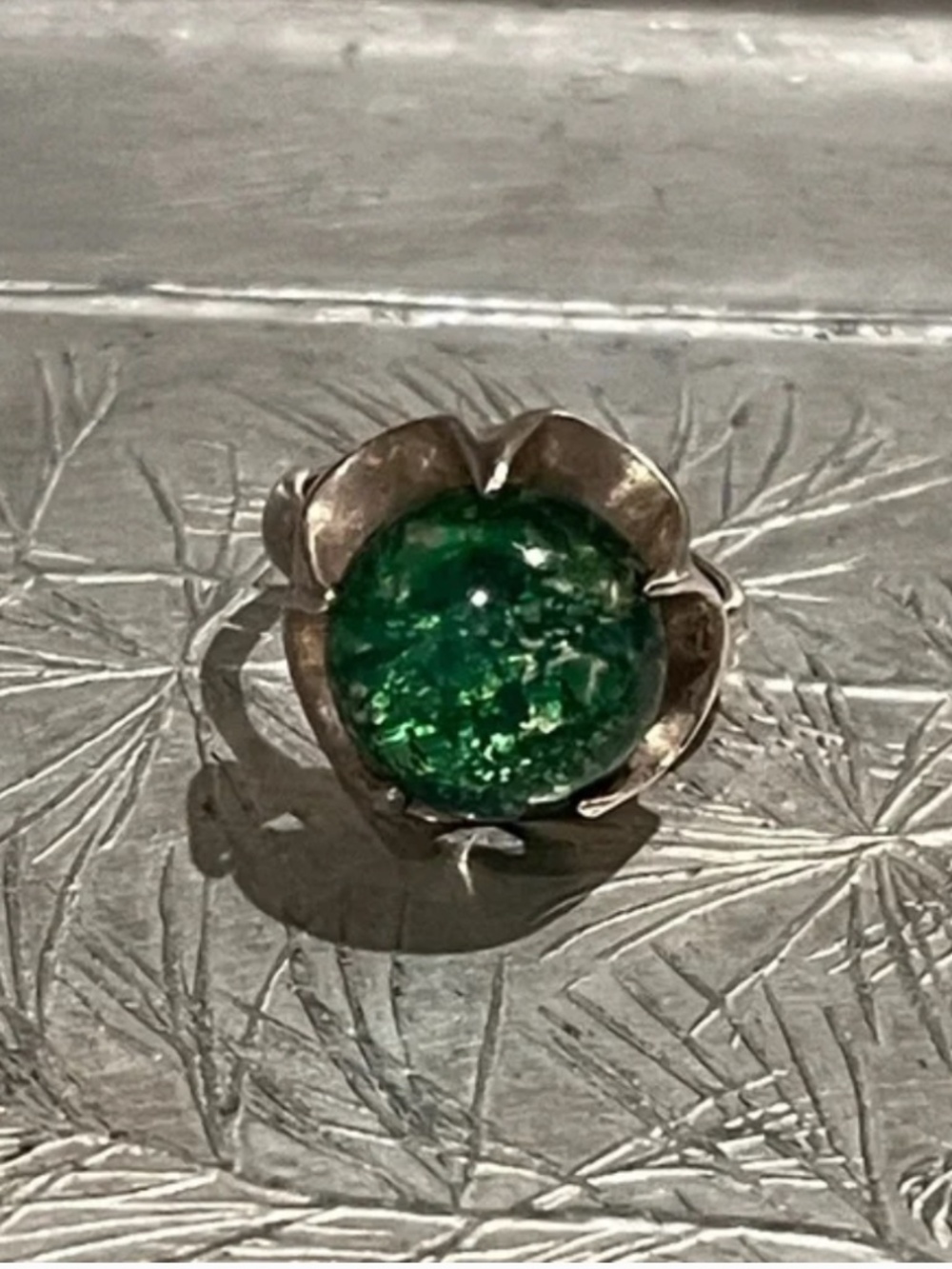 Taxco Dichroic Green Glass Sterling Ring